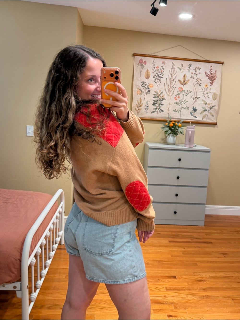Boden Wool Women's Tan Knit Sweater with Red Quilted Elbow Shoulder Patches S